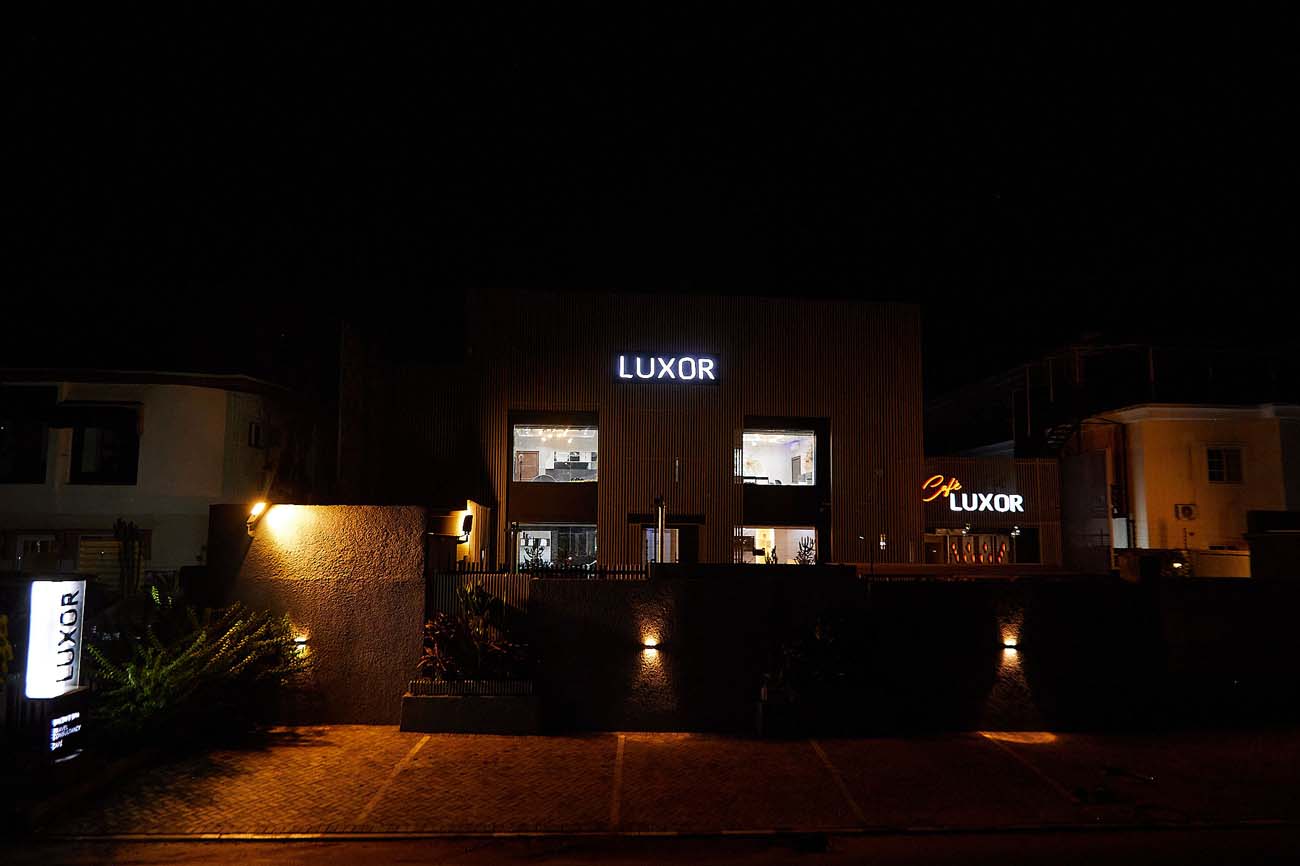 Luxor café building illuminated at night