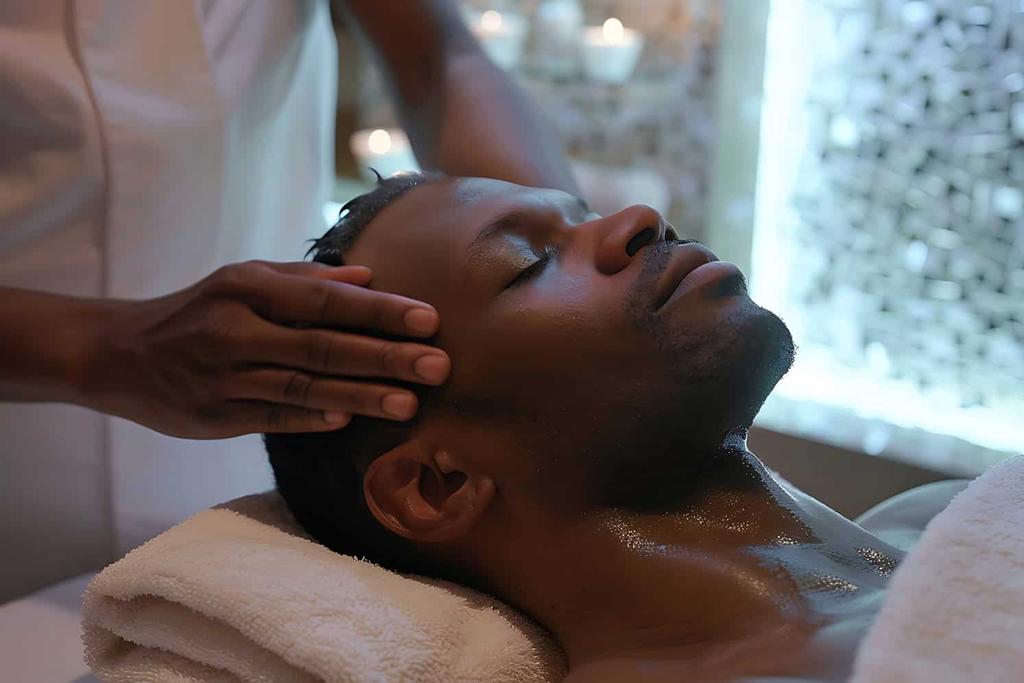 Man receiving relaxing facial massage at spa