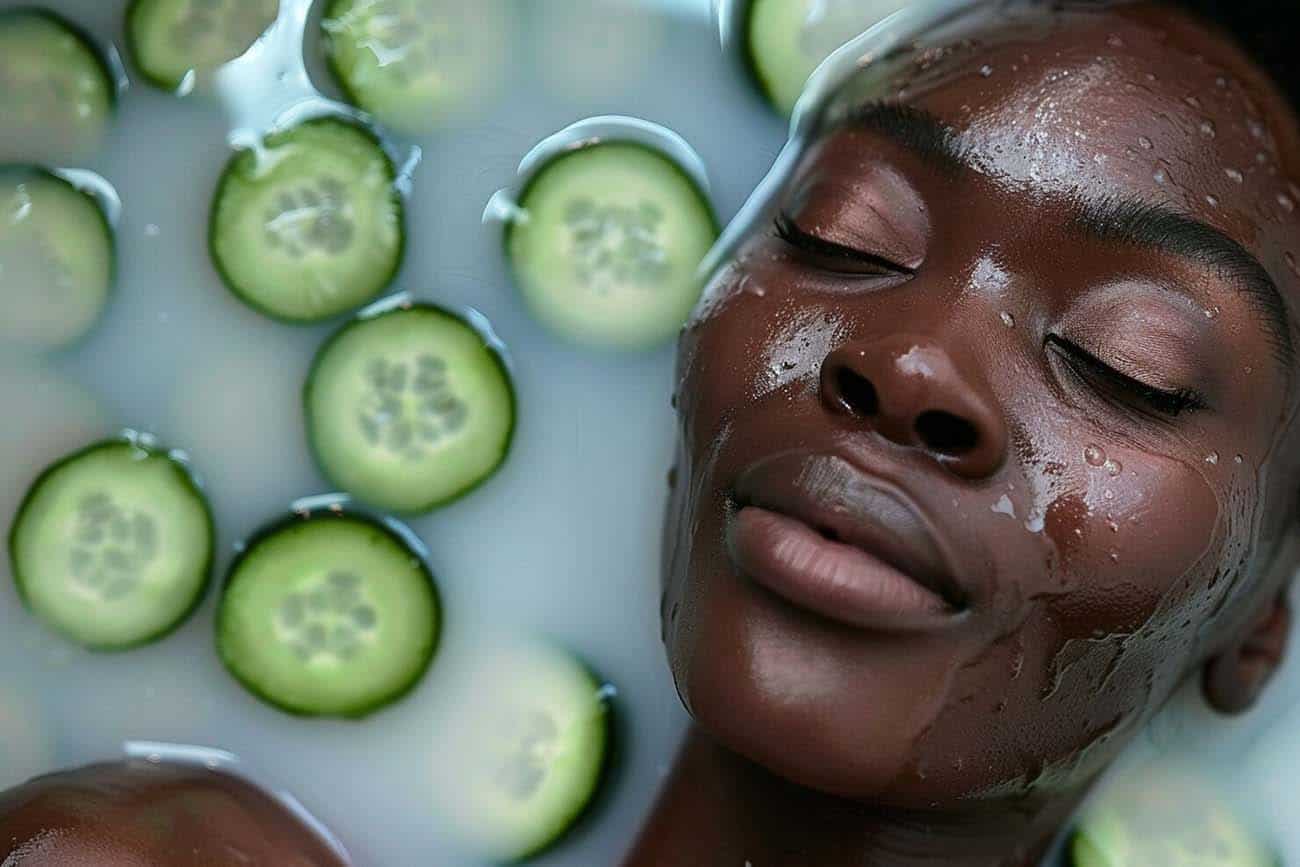 Woman relaxing in milk bath with cucumber slices