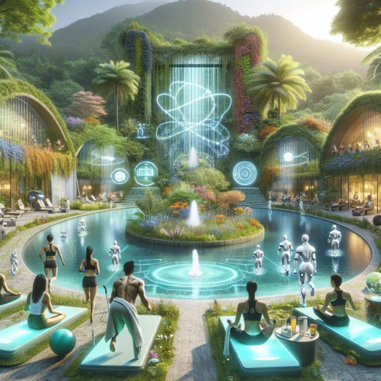 Futuristic eco spa with holograms and pool