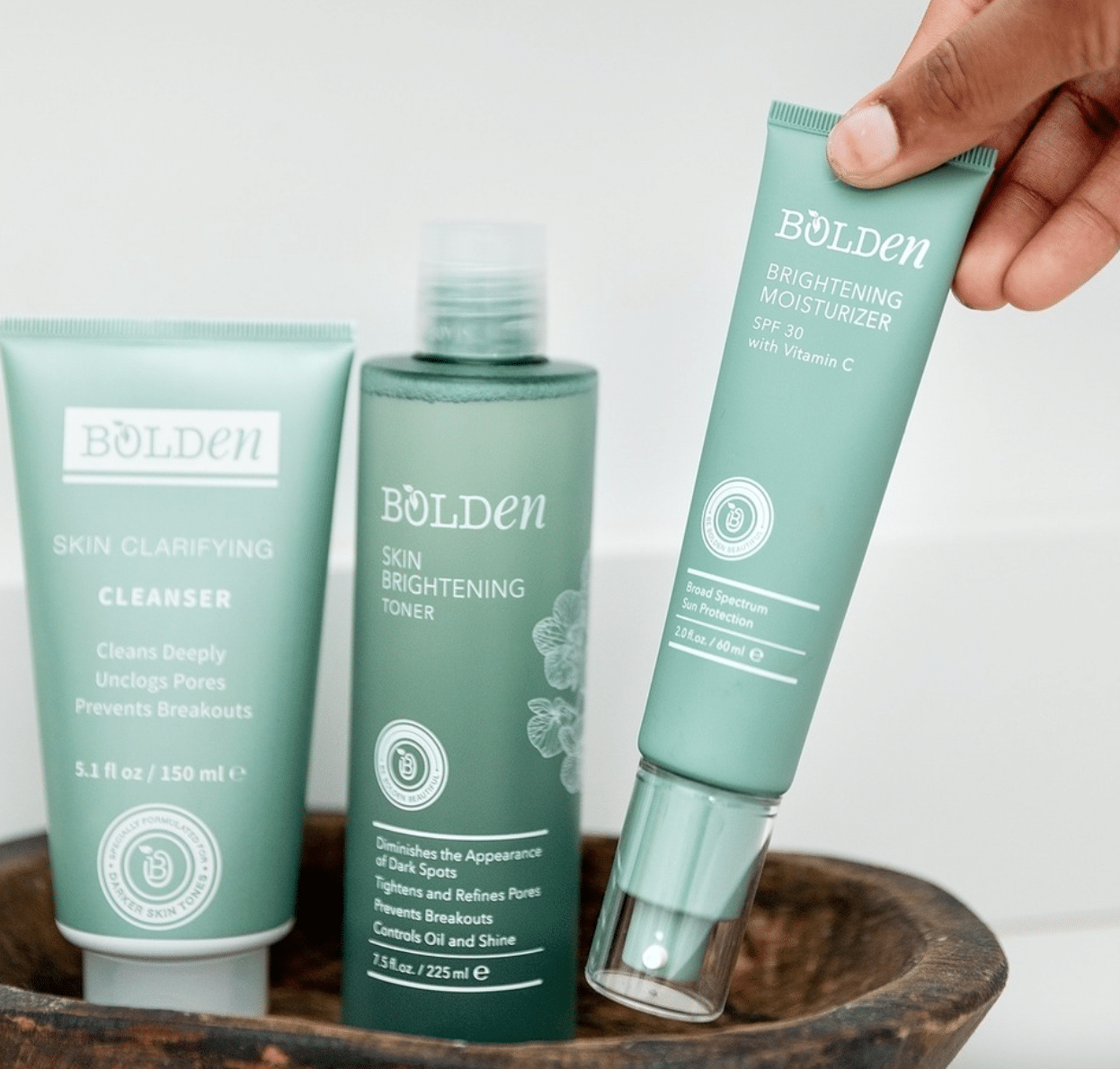 Bolden skincare cleanser, toner and moisturiser products