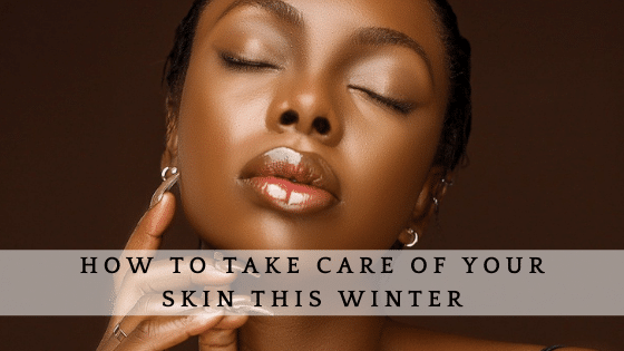 Close-up woman with glowing skin winter skincare text