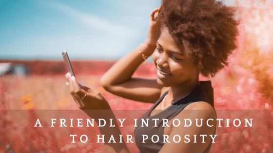 Smiling woman using phone outdoors, hair porosity text