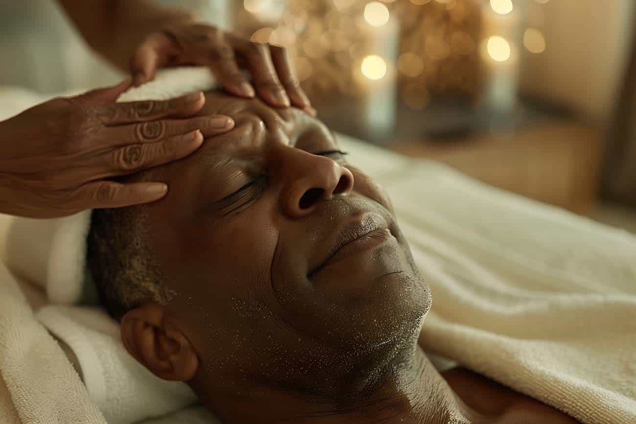 Man receiving relaxing facial massage at spa