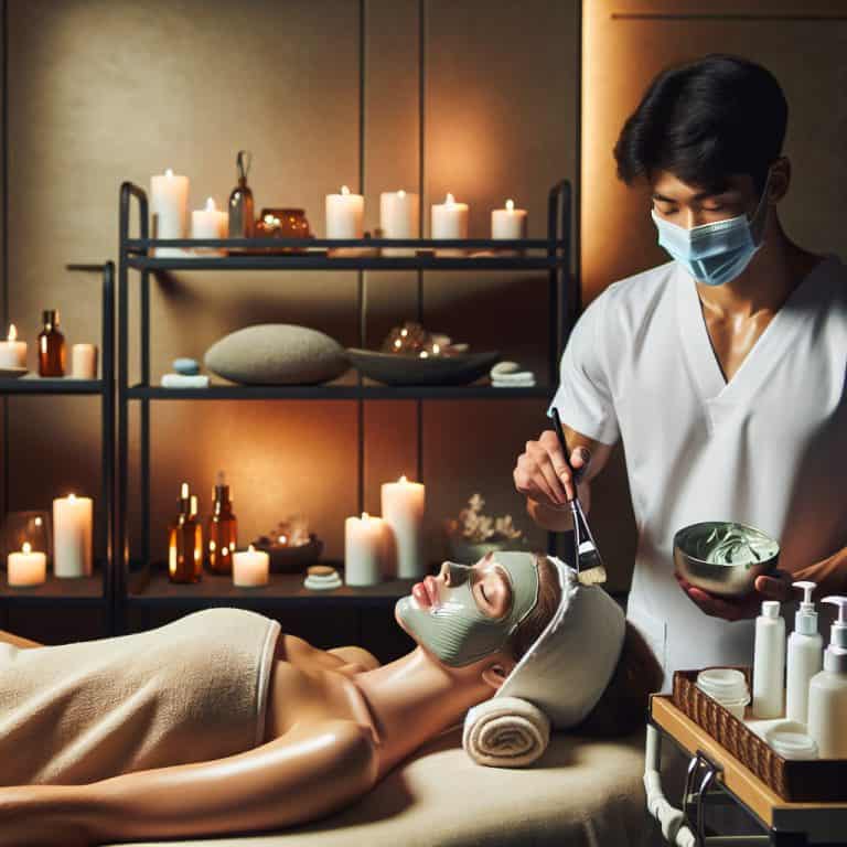 Spa therapist applying facial mask to relaxed woman
