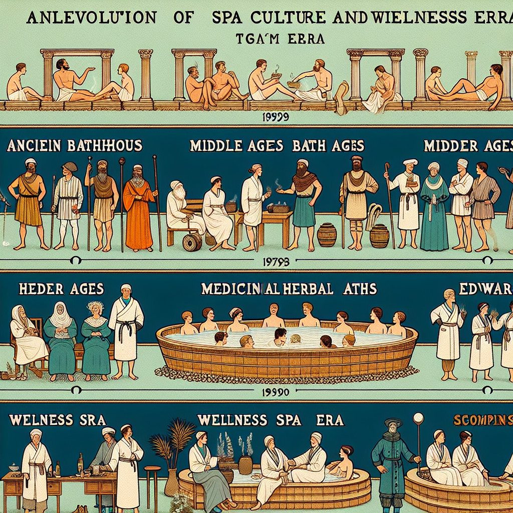 Illustrated timeline of spa culture through historical eras