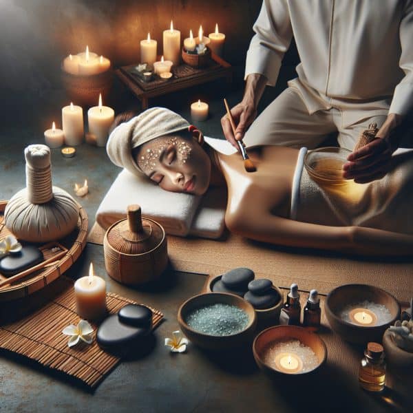 Woman receiving candlelit spa massage treatment