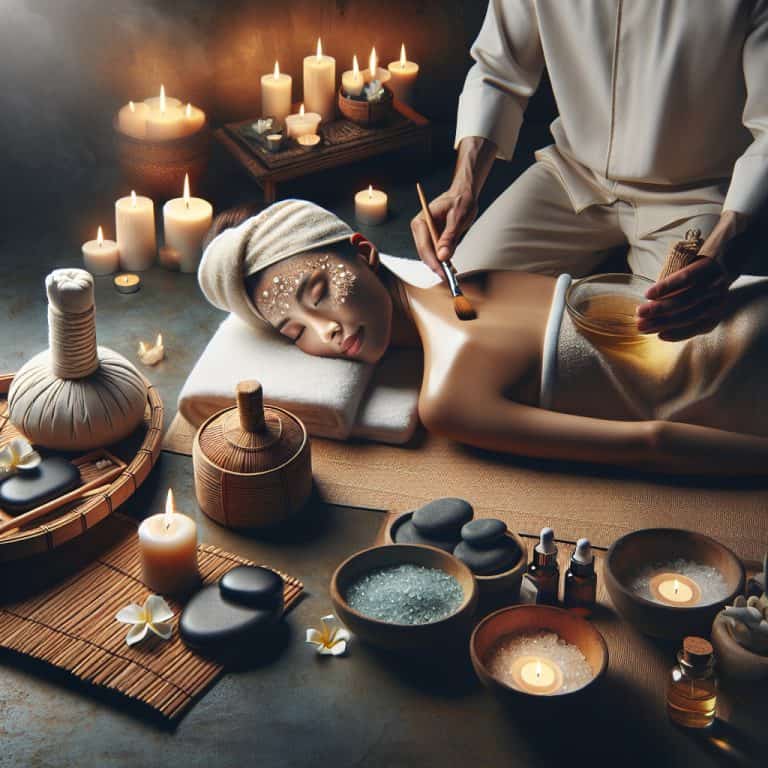 Woman receiving candlelit spa massage treatment