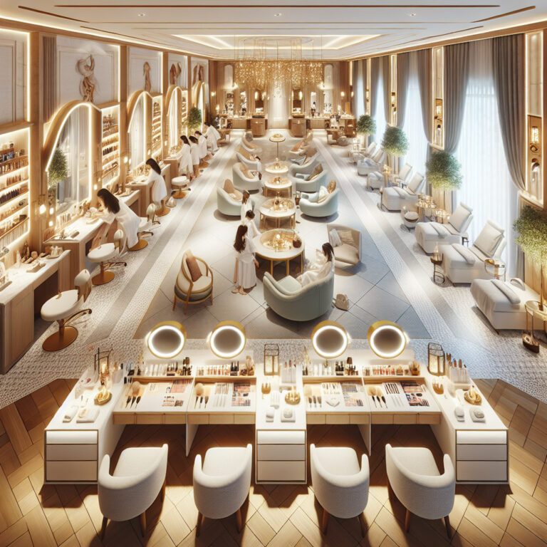 Luxurious beauty salon interior with makeup stations and lounge