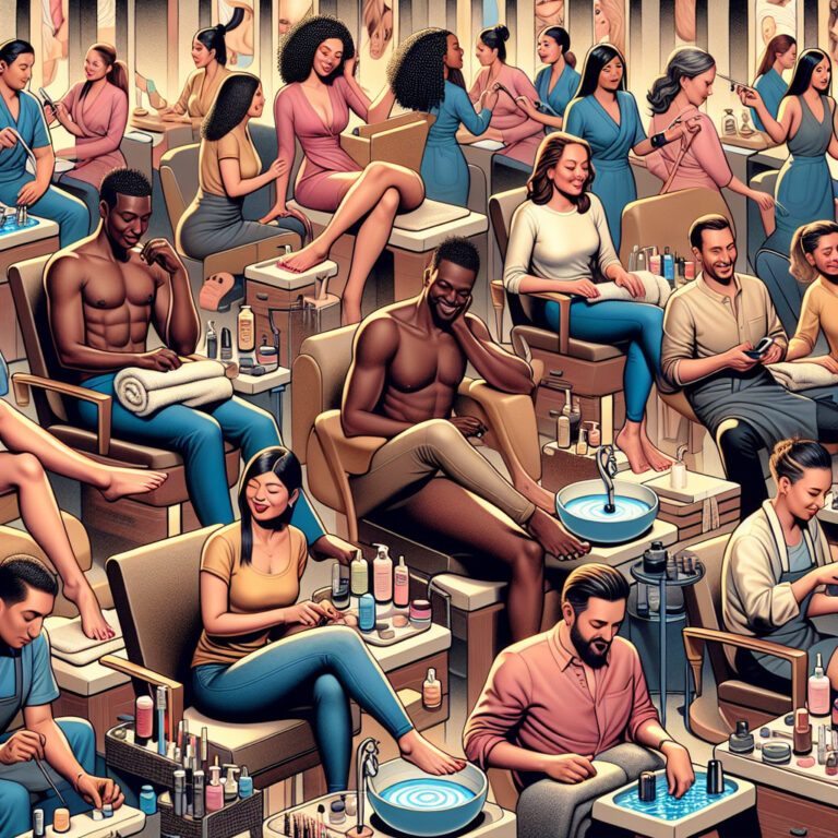 Men and women receiving manicures and pedicures in salon