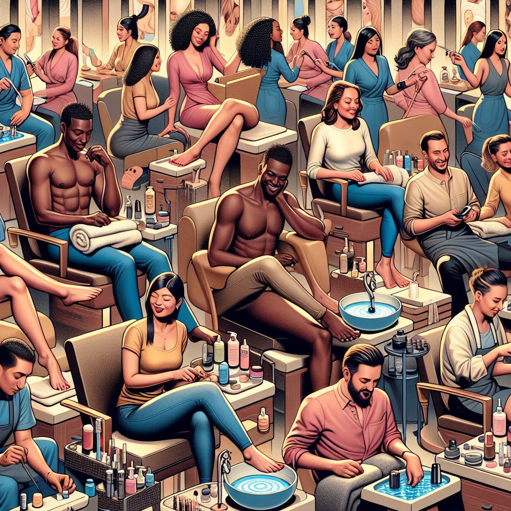 Men and women receiving manicures and pedicures in salon