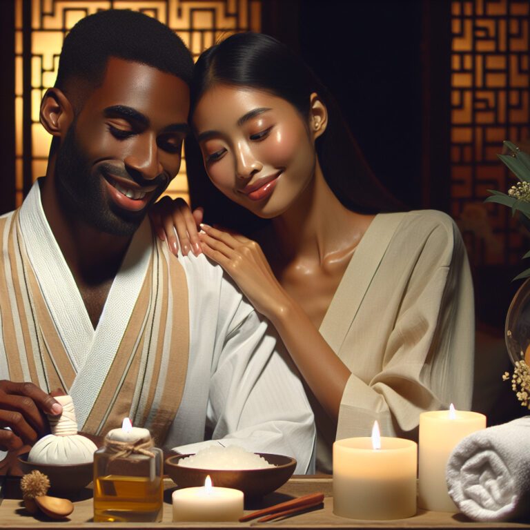 Couple enjoying candlelit spa treatment together