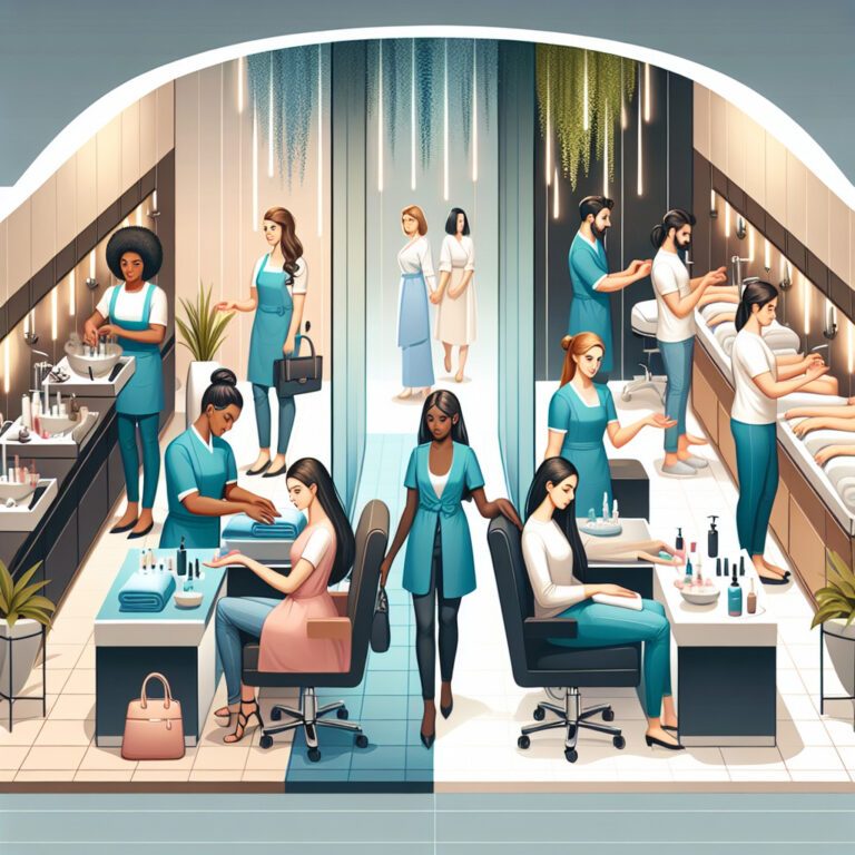 Modern beauty salon with staff providing manicures