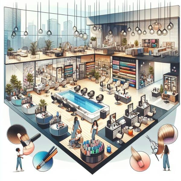 Modern multi-level hair salon interior with styling stations