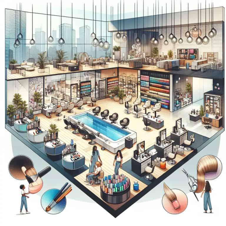 Modern multi-level hair salon interior with styling stations