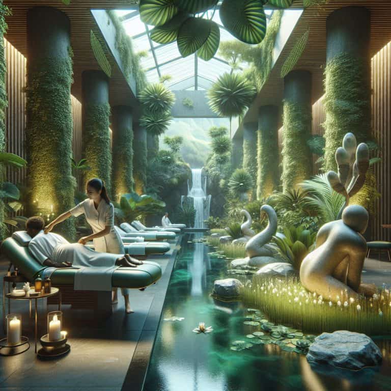 Luxury indoor spa with waterfall and massage treatment