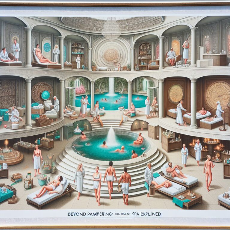 Illustrated multi-level luxury spa with central pool