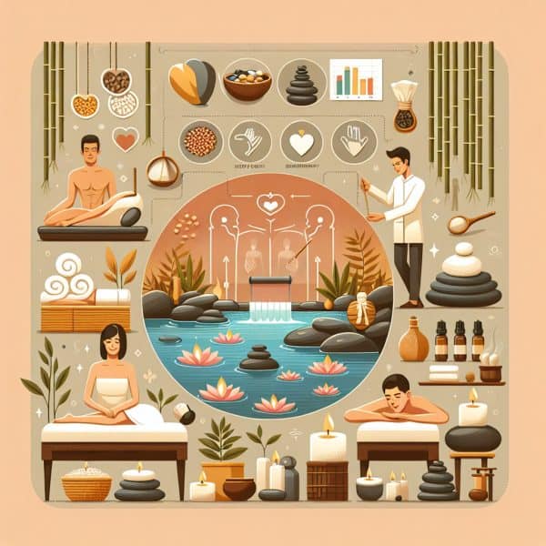 Spa wellness infographic with massage, meditation and lotus pond