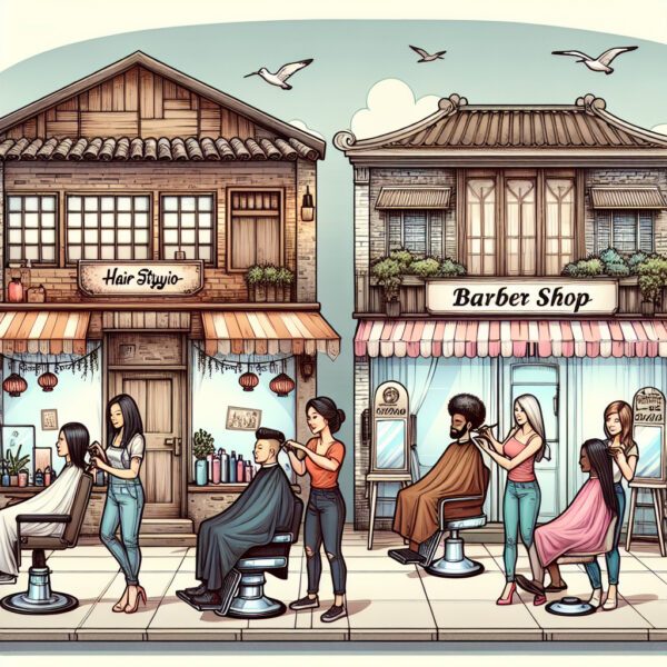 Illustrated hair studio and barber shop with clients