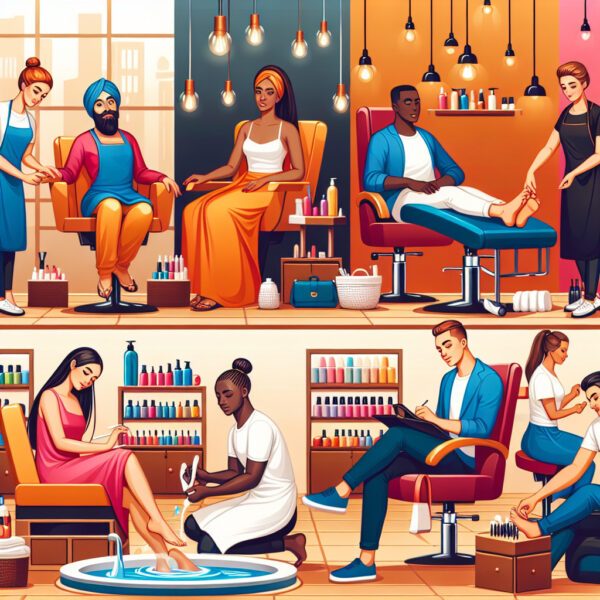 Diverse clients receiving manicures and pedicures in salon