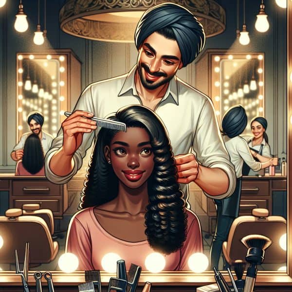 Hairdresser styling woman's hair in salon mirror lights