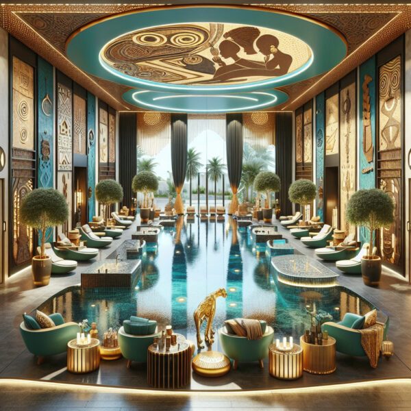 Luxurious spa interior with pool and gold decor
