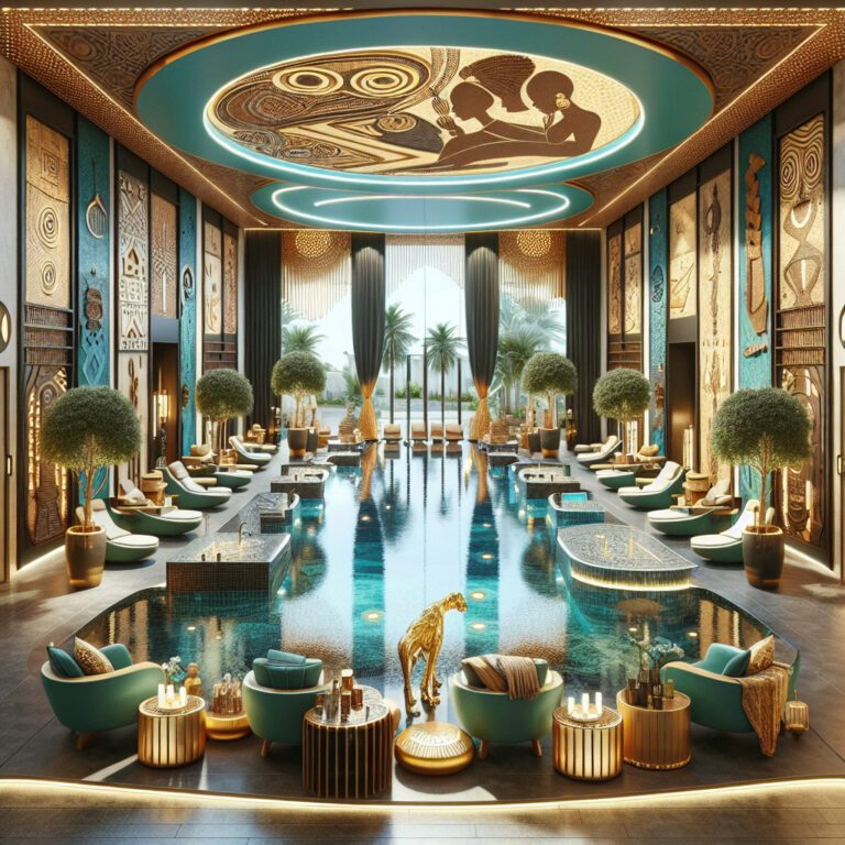 Luxurious spa interior with pool and gold decor