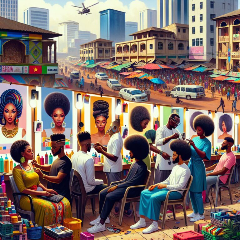 Bustling African city salon with stylists at work