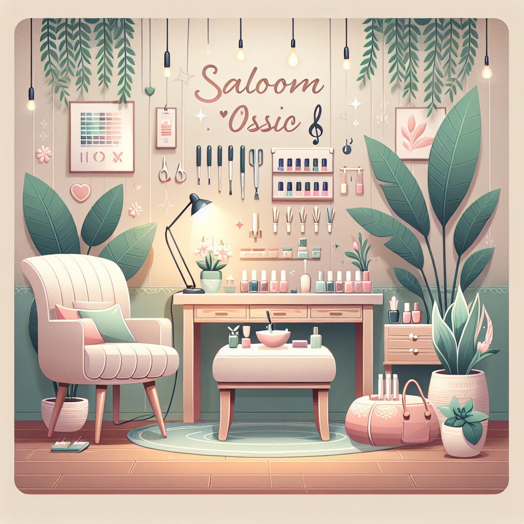 Pastel nail salon interior with manicure table and plants