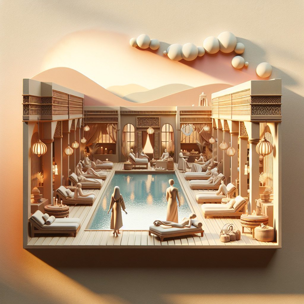 Stylised desert riad courtyard with central pool