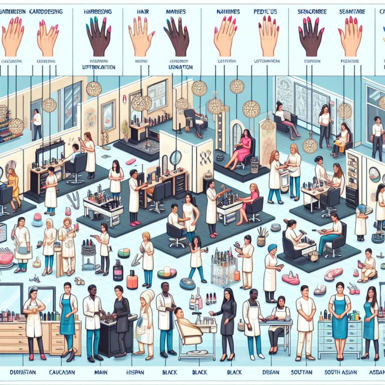 Illustrated diverse beauty salon with manicure and hair stations