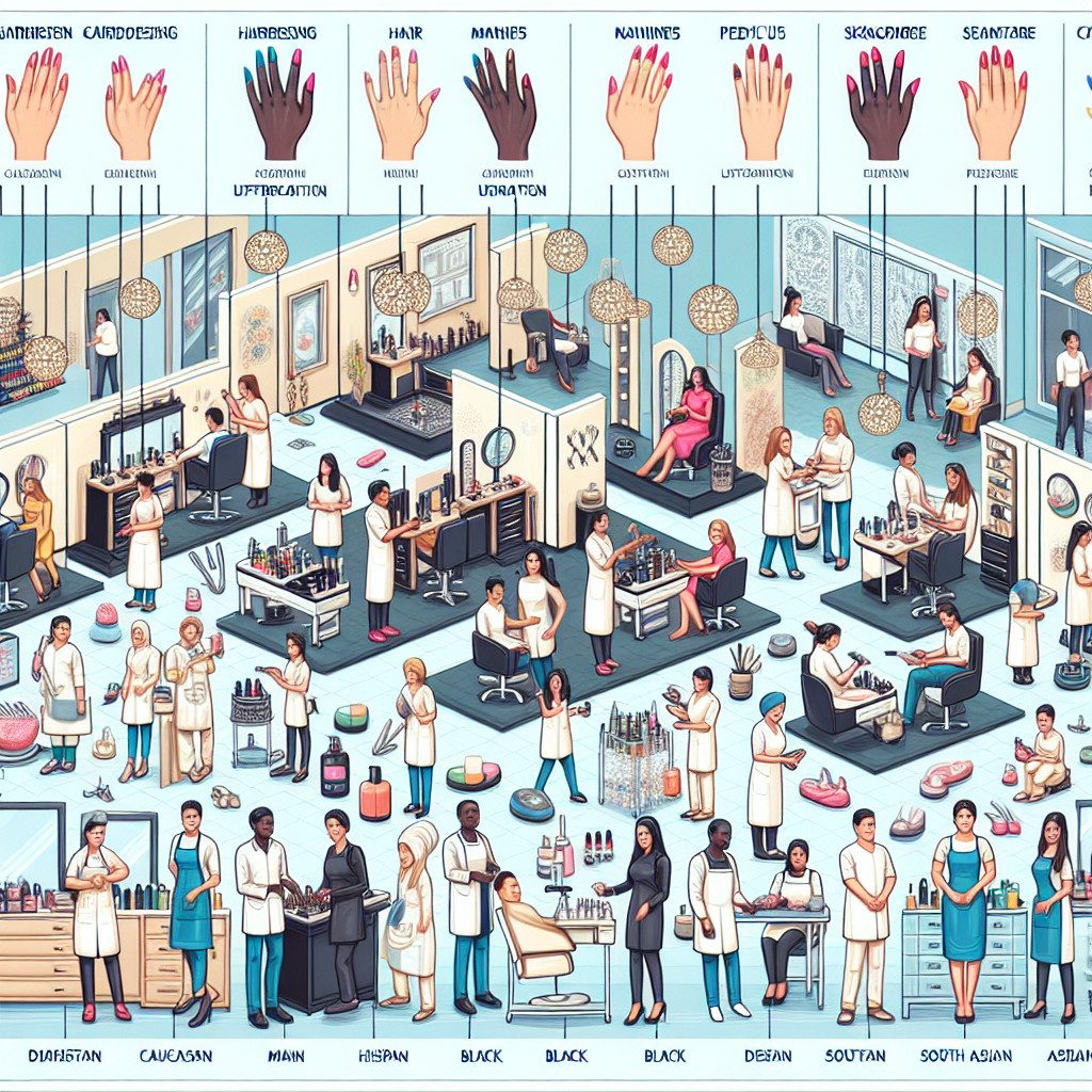 Illustrated diverse beauty salon with manicure and hair stations