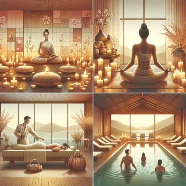 Luxury spa scenes with meditation, massage and pool
