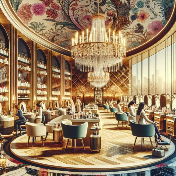 Luxurious beauty salon with chandelier and manicure stations