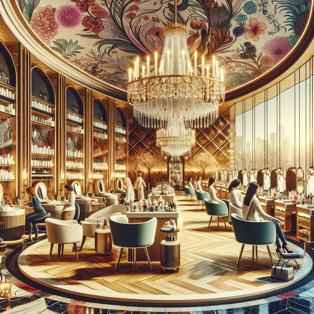 Luxurious beauty salon with chandelier and manicure stations