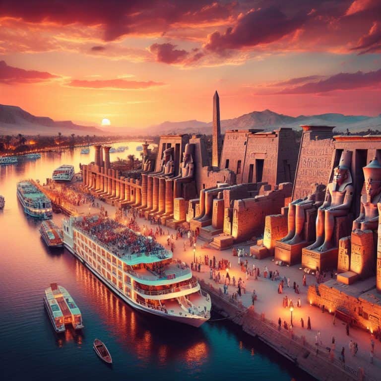 Ancient Egyptian temple beside Nile at sunset