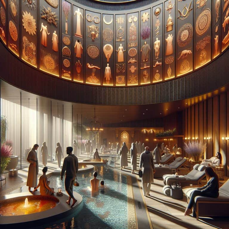 Luxurious spa with indoor pool and ornate murals