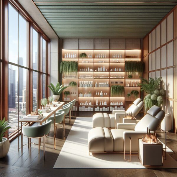 Modern spa interior with city views and treatment chairs