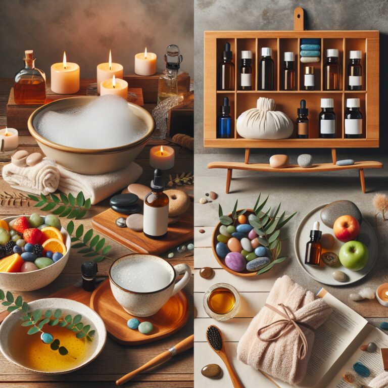 Relaxing spa setup with candles, oils and fruit