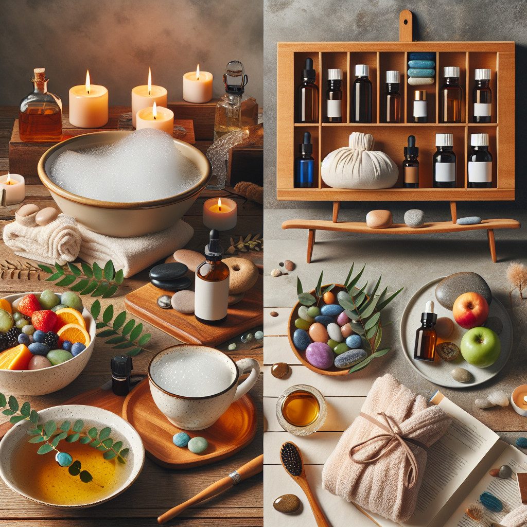 Relaxing spa setup with candles, oils and fruit