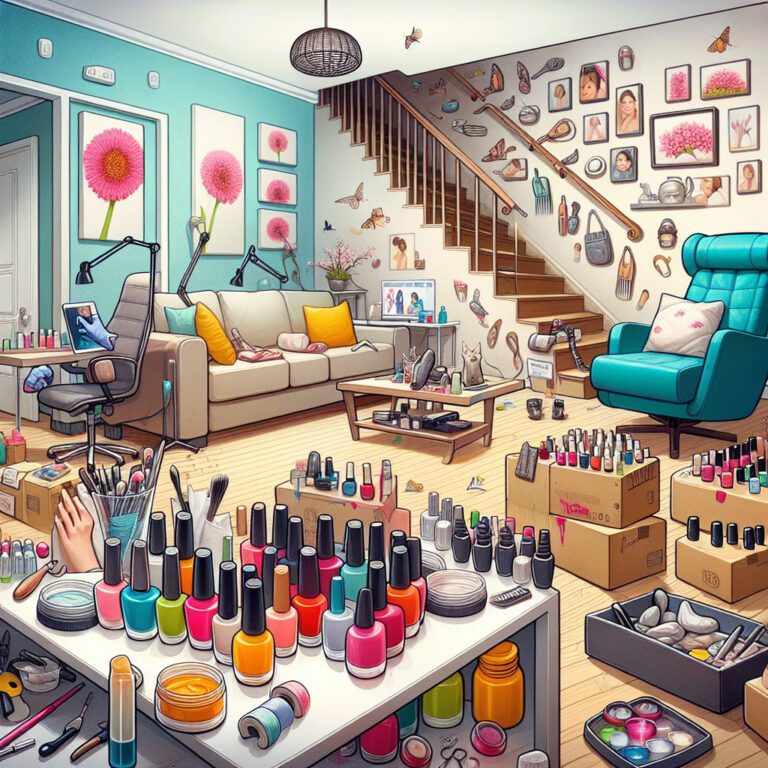 Living room converted into nail salon with polish bottles