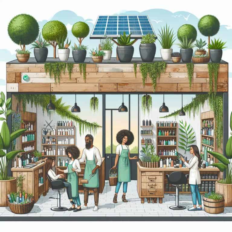 Eco-friendly hair salon with solar panels and plants