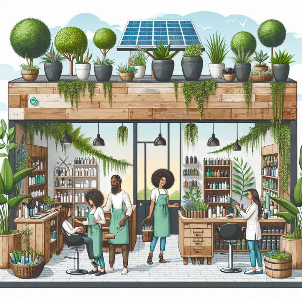 Eco-friendly hair salon with solar panels and plants