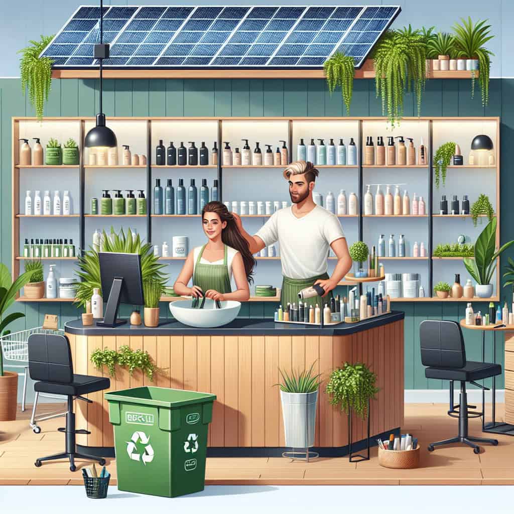 Eco-friendly hair salon with solar panels and recycling