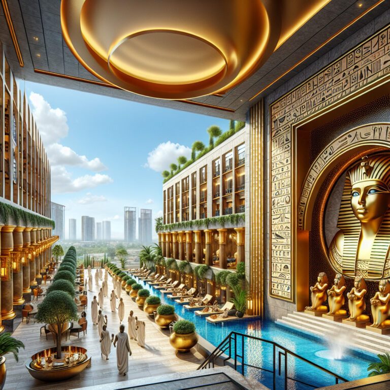 Luxurious Egyptian-themed hotel courtyard with pharaoh statue