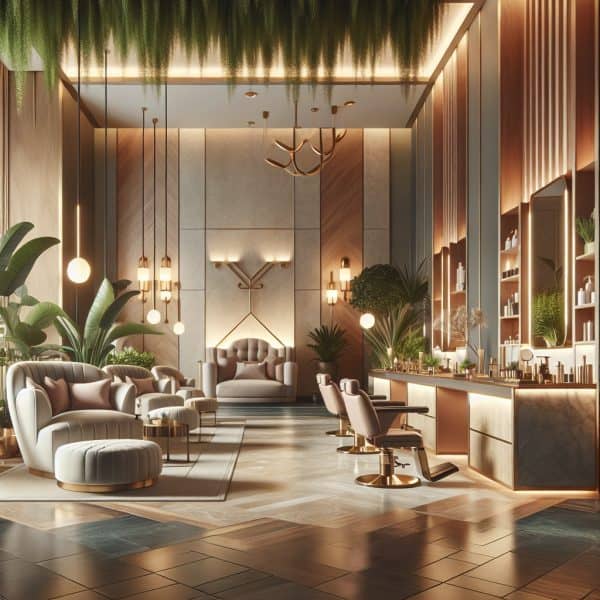 Luxury modern hair salon with plants and mirrors