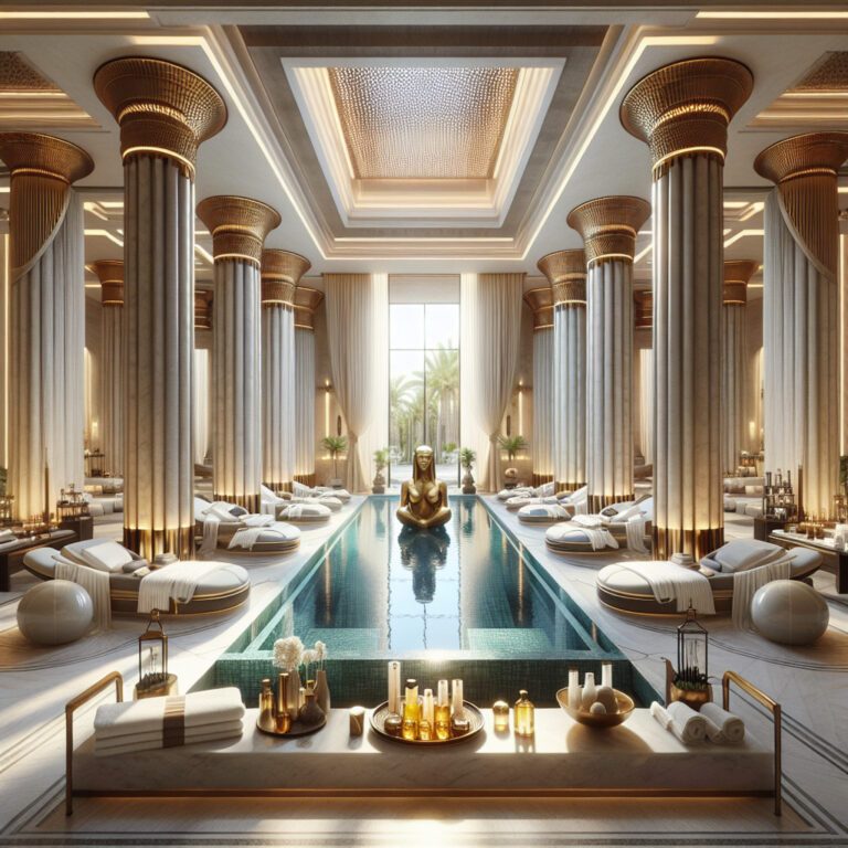 Luxurious spa with columns, pool and golden statue