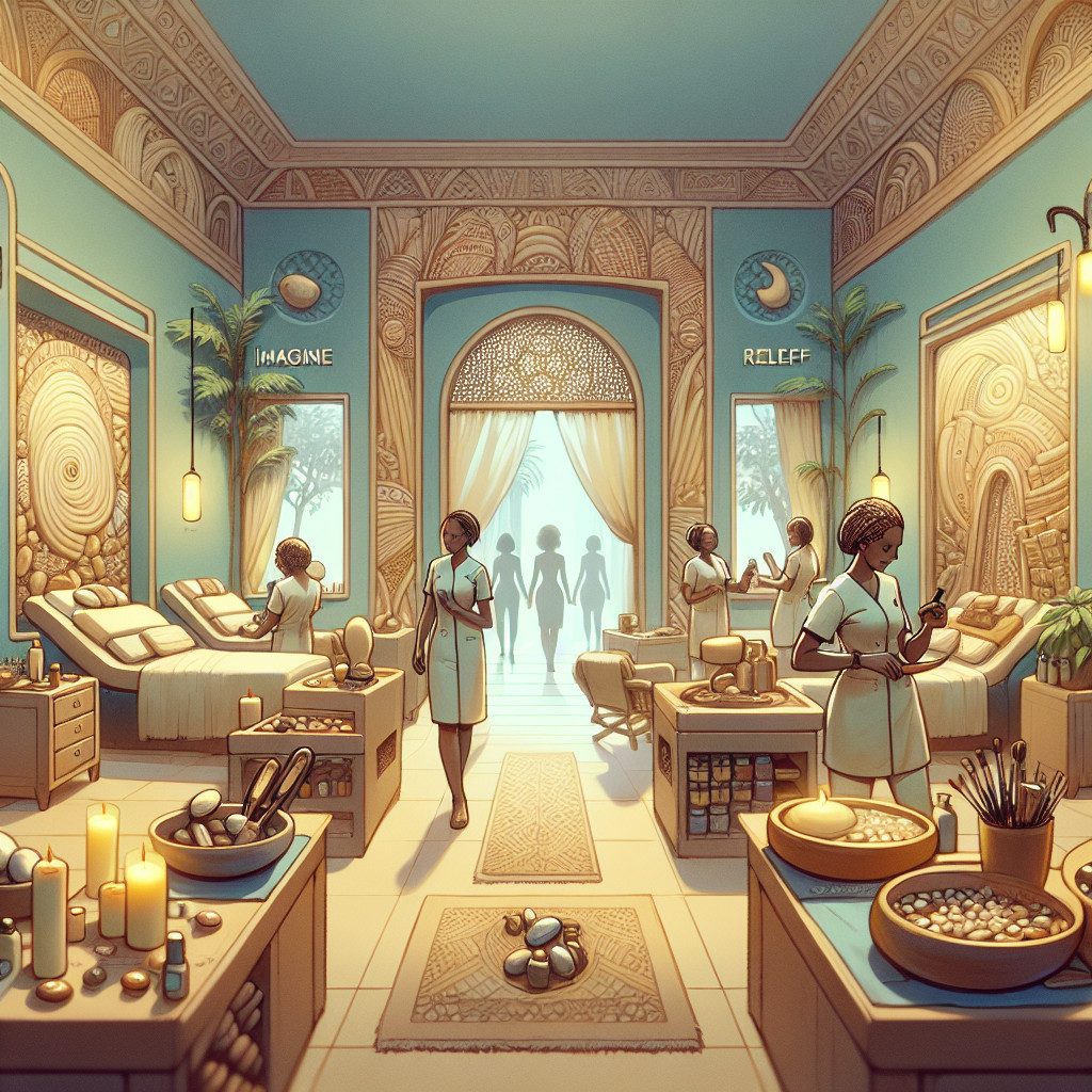 Serene spa interior with therapists and massage tables