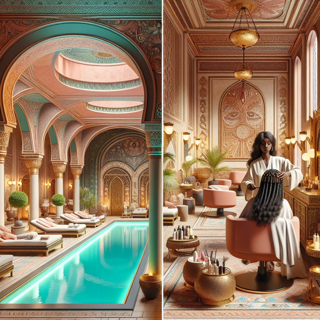 Luxurious Moroccan-style spa pool and hair salon interior