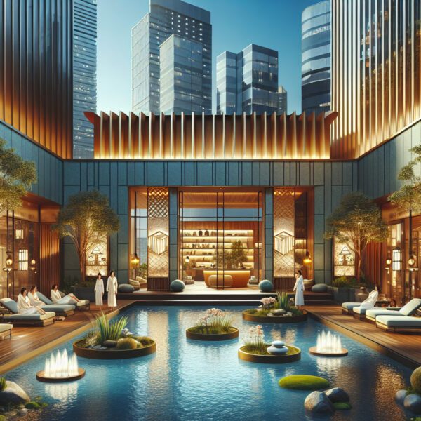 Luxury spa courtyard with pool and skyscrapers